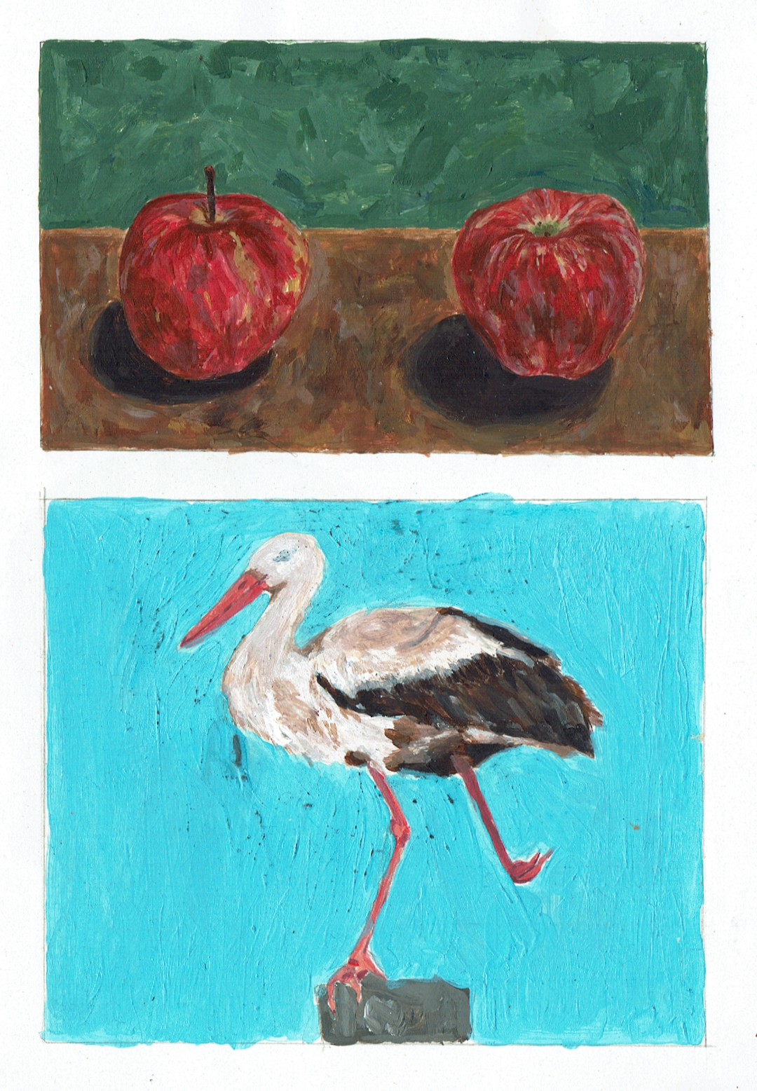 A painting of apples and a painting of a stork
